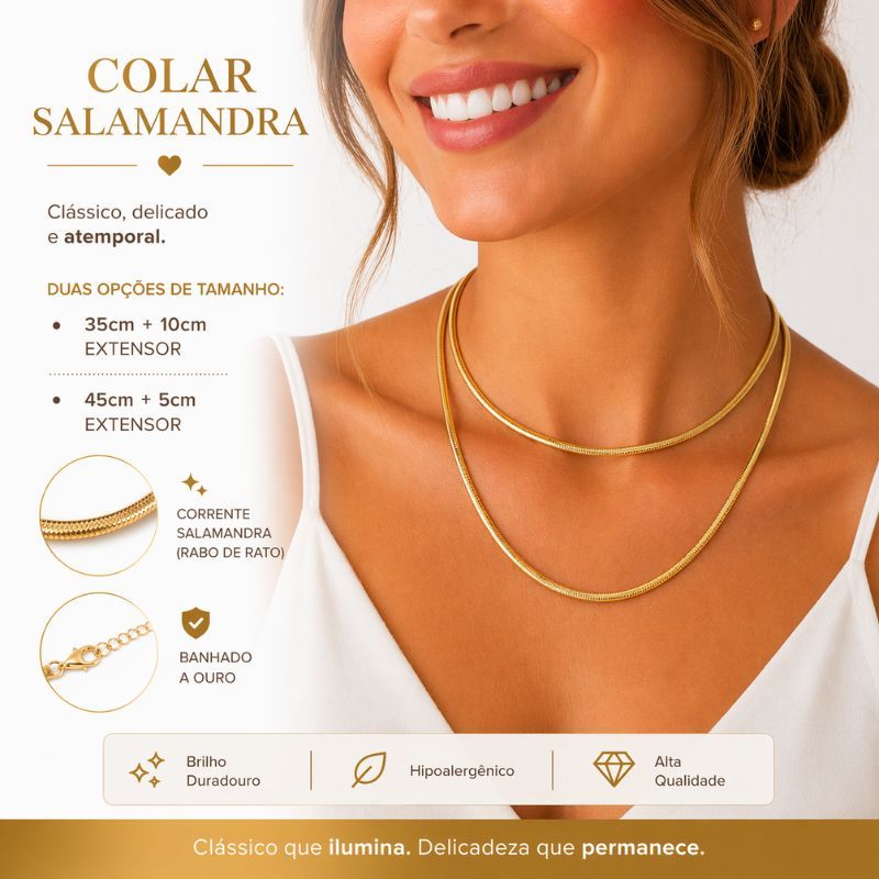Colar Feminino Salamandra Banhado a Ouro 18K Elegância Minimalista que Valoriza seu Look