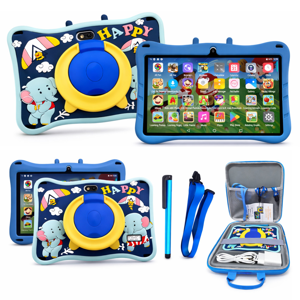 Imagem Tablet Infantil 64gb Android Wifi 5G 4gb Ram Para Jogos e Vídeos + Maletinha e Capinha Elefantinho Azul