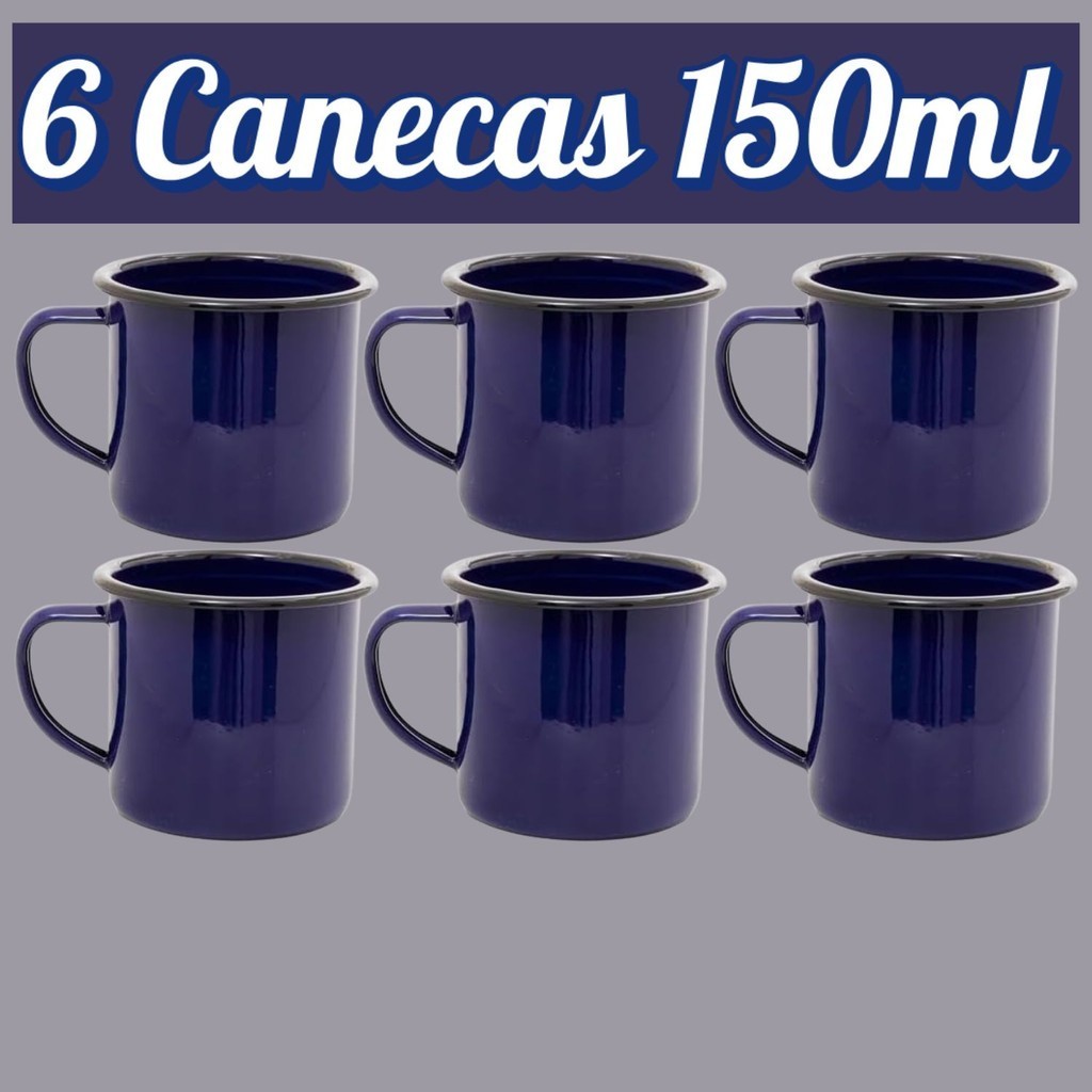 Kit 6 Canecas AZUL 150ml Esmaltadas Copo Vintage Café Chá