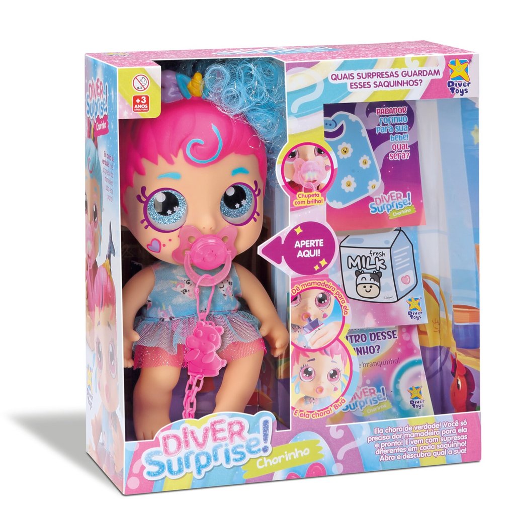 Boneca Diver Surprise Baby - Chora de Verdade e Chupeta com Luz