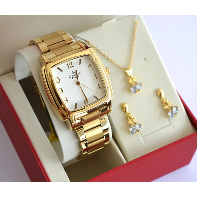 RELOGIO CHAMPION FEMININO DOURADO QUADRADO GRANDE + Kit