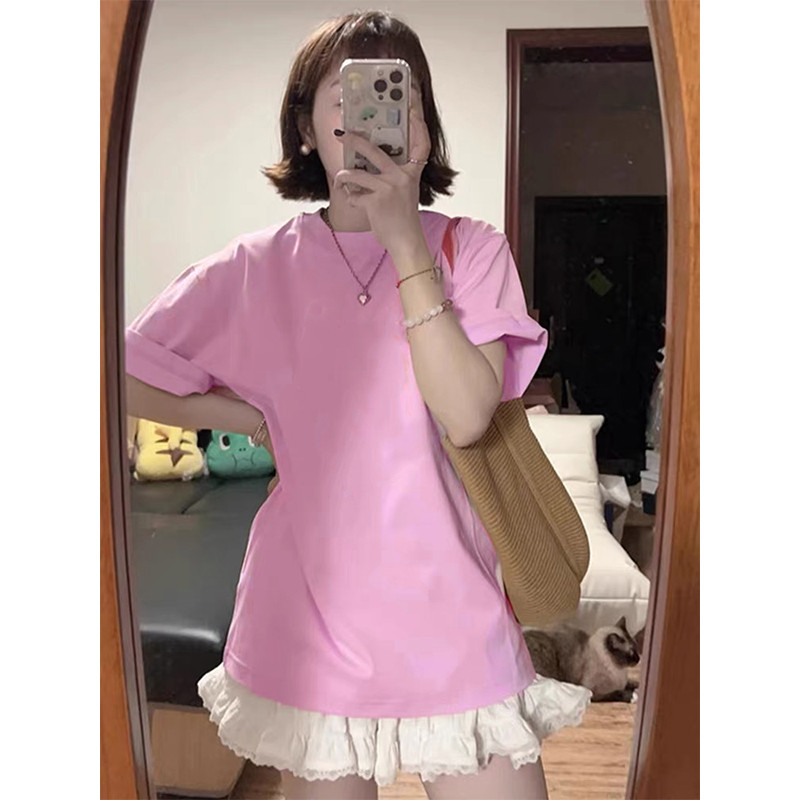 Ombro positivo de manga curta rosa camiseta feminina em torno do pescoço verão All-Match camisa de fundo interno solto t