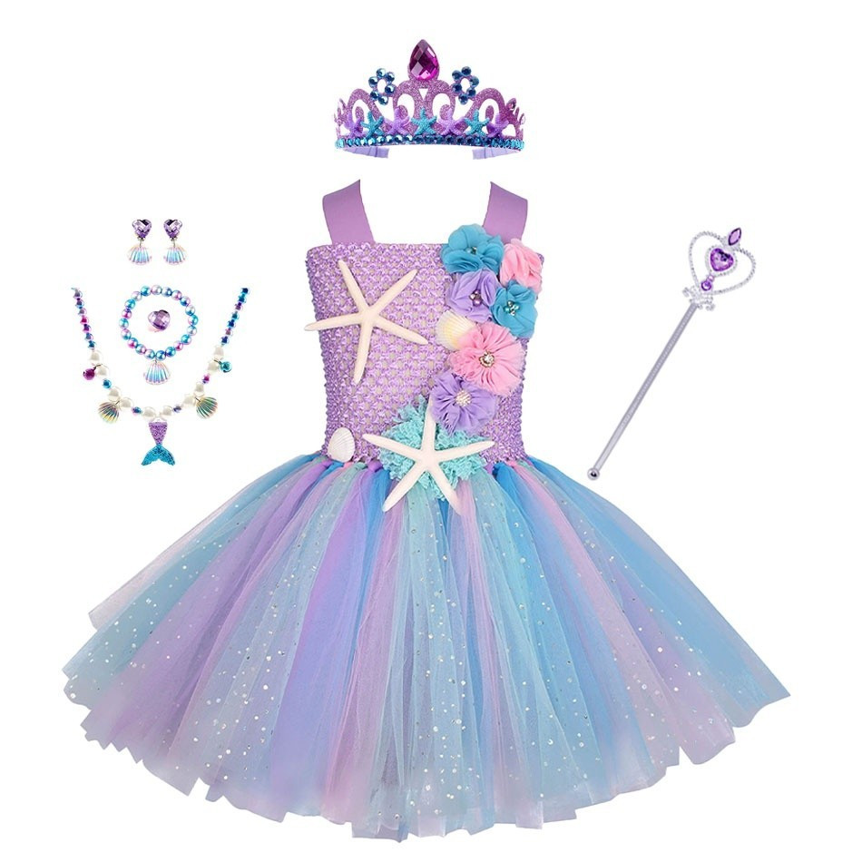 Vestido Tutu de Sereia Ariel Pastel para Meninas, Fantasia de Festa de Aniversário com Tema Fundo do Mar, com Tiara, Ves