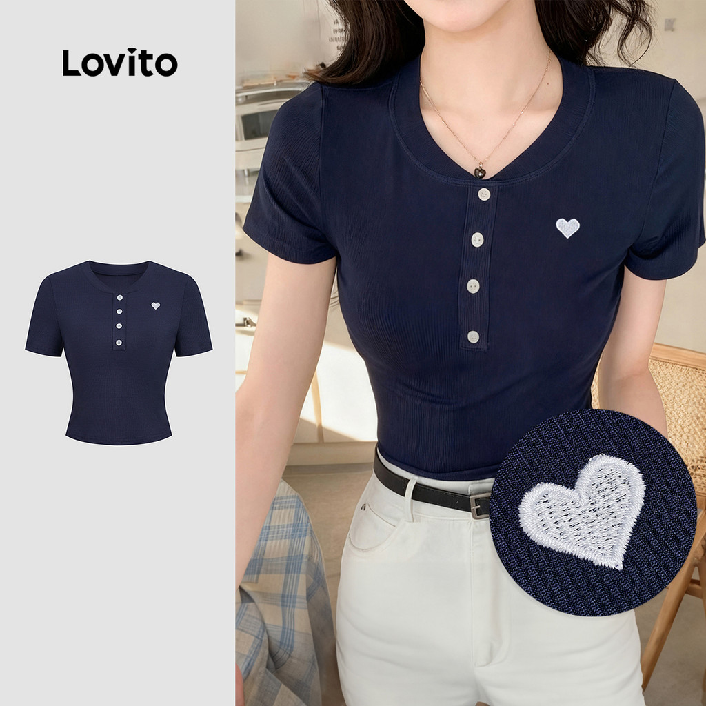 Lovito Camiseta Casual Botão Amor Primavera/verão Azul-marinho para Mulheres L165ED364