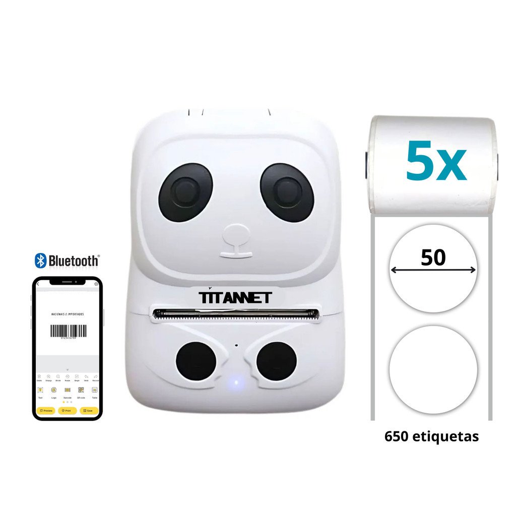 Impressora de Etiquetas Bluetooth + 5 Rolos Etiquetas Redondas 50x50