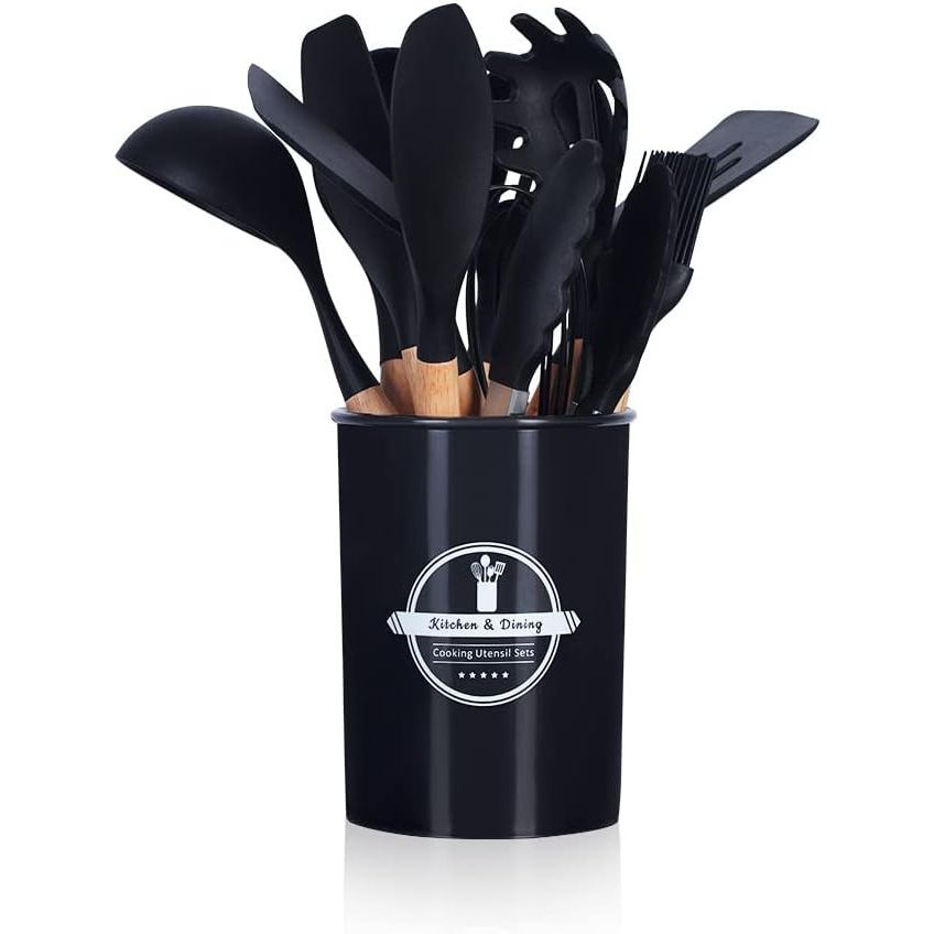 Jogo De Utensílios De Cozinha Em Silicone 12 Peças Cabo De Madeira Antiaderente Luxo