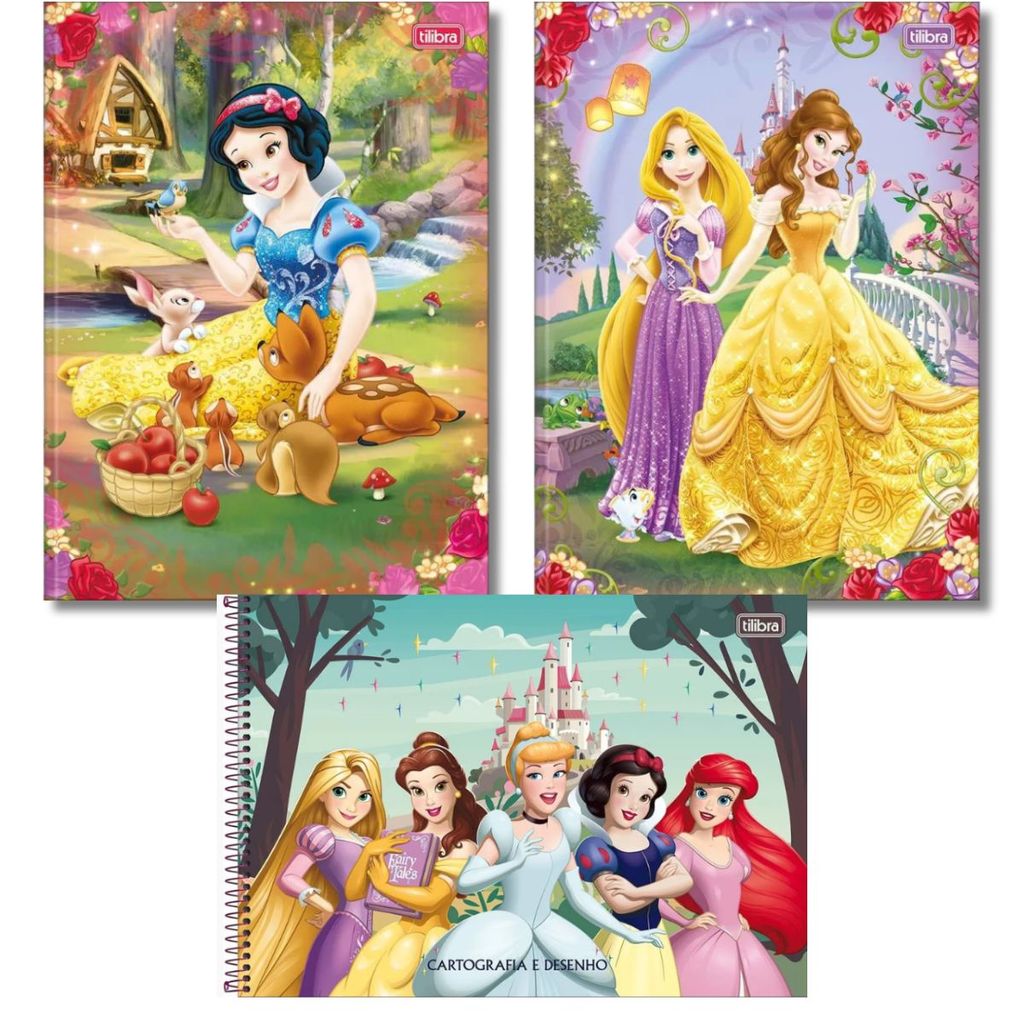 KIT 2 CADERNO BROCHURÃO CD 80FLS PRINCESAS DISNEY 26 TILIBRA +1  CARTOGRAFIA C/ ADESIVOS PERSONALIZADOS