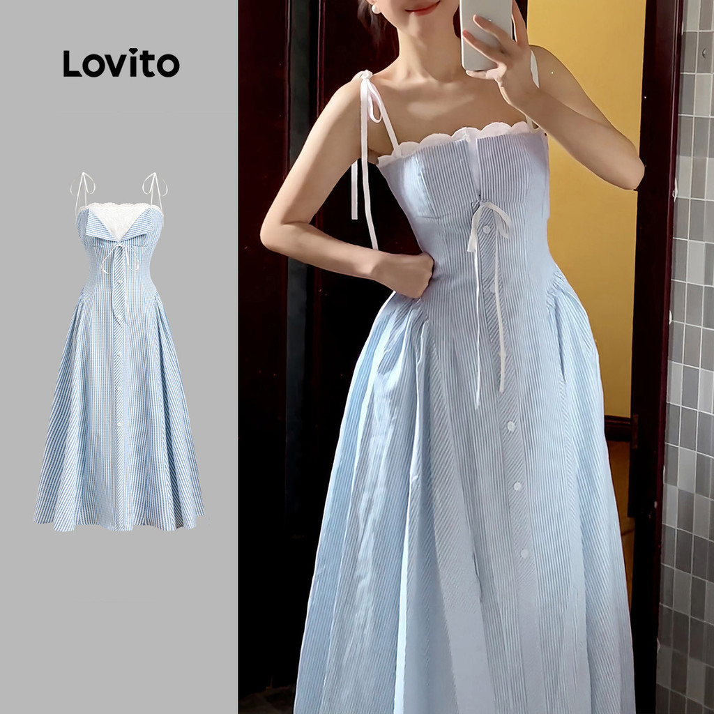 Lovito Vestido Casual de Renda para Primavera/verão em Azul para mulheres L144AD305 em Oferta na Shopee