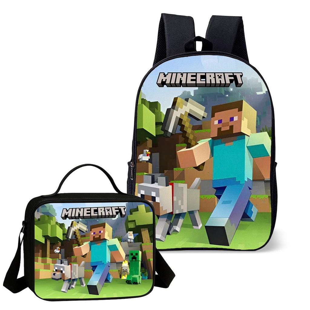 Mochila Simples e Lancheira Termica Escolar Infantil Menino Game Craft Jogo Mine Avulsa ou Kit