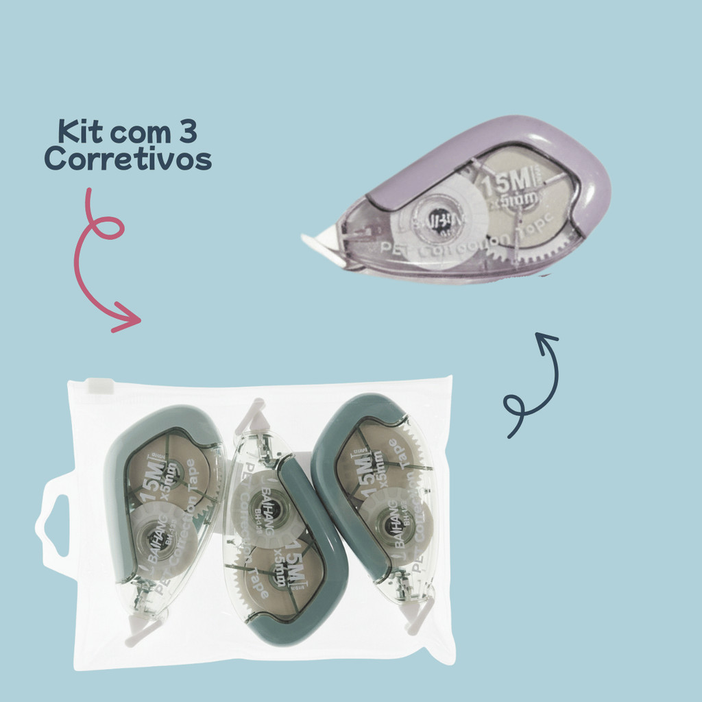 Kit com 3 Corretivos em Fita - Fita Corretiva Escolar 15m x 5mm Kit Econômico
