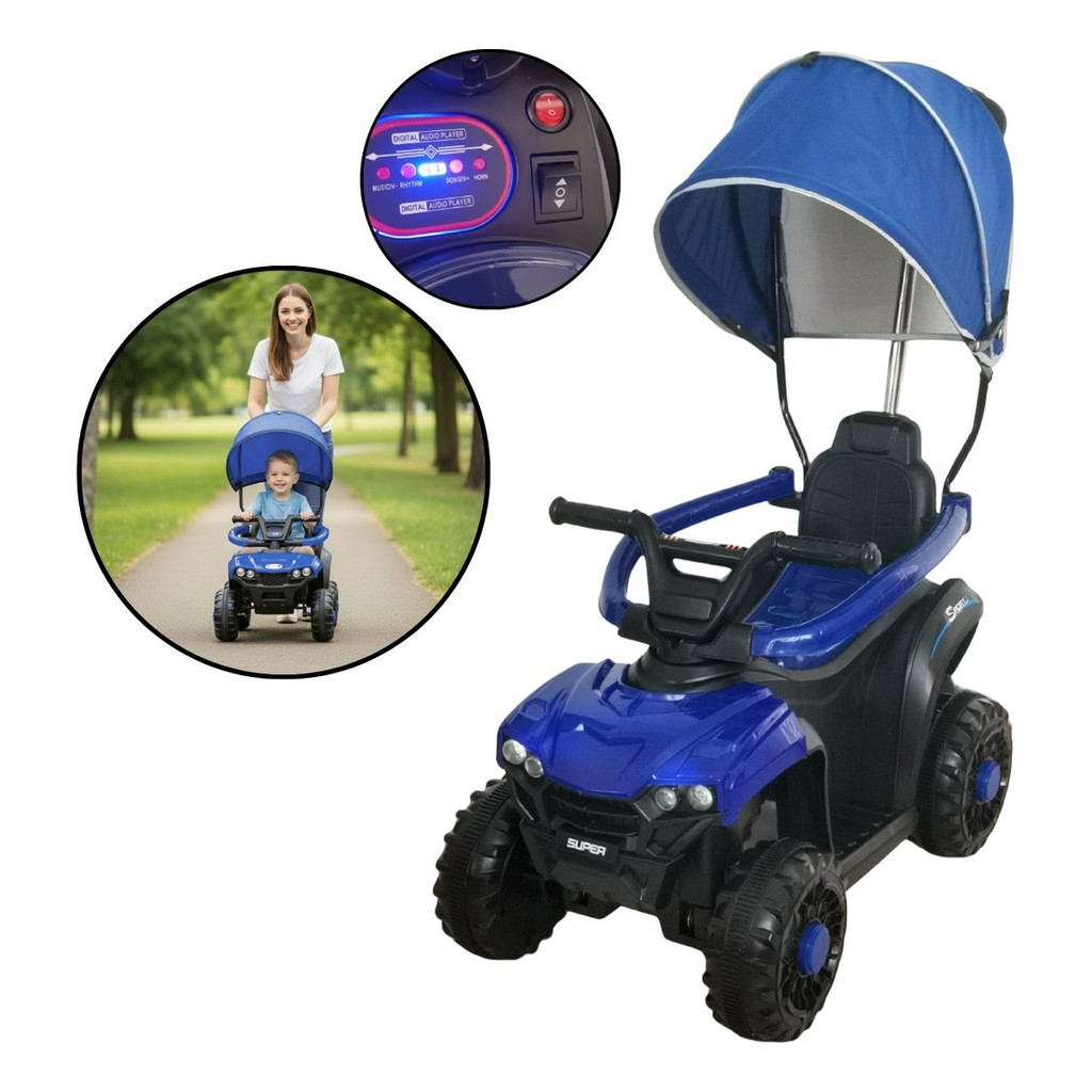 Mini Quadriciclo Elétrico Infantil 6V Azul Com Cobertura, Luz, Música, Guarda Corpo E Barra De Empurrar em Oferta na Shopee