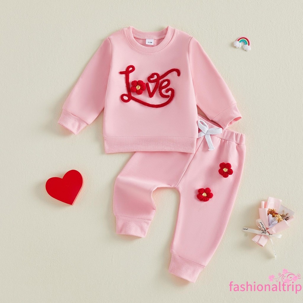 2 Peças Roupa Infantil Menina Dia Dos Namorados Manga Comprida Gola Redonda 3D Crochê Flor Decoração Moletom E Calças De