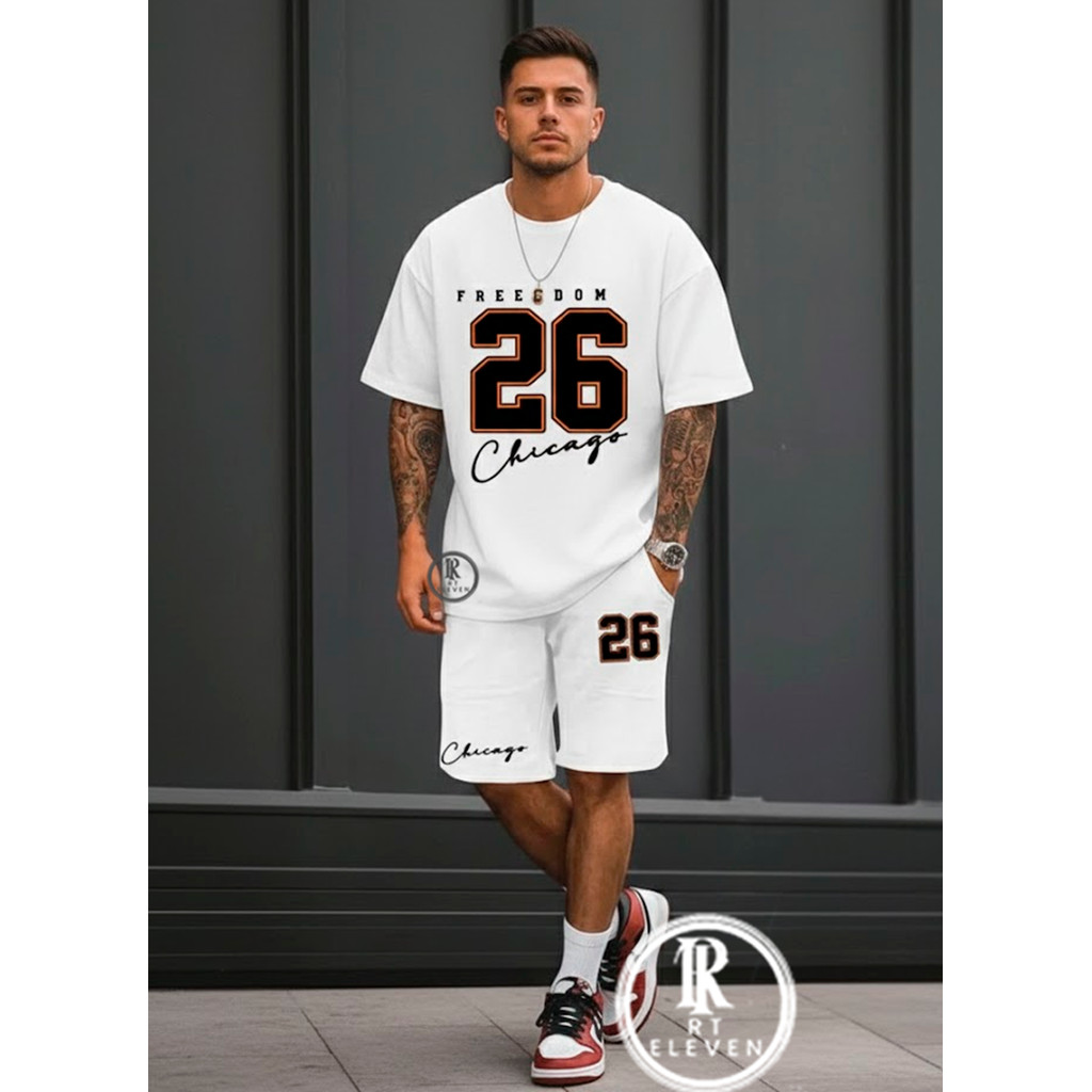 Kit Camiseta Masculina E Short Moletom Camiseta 100% Algodão Lançamento Chicago 26 Confortavel Diversas cores Unissex