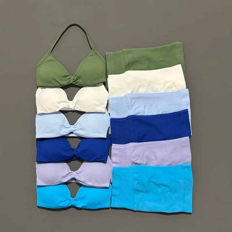 Senhoras sem costura com cintura V magro pêssego nádegas yoga Shorts conjunto de 2 peças/à prova de choque correndo suti