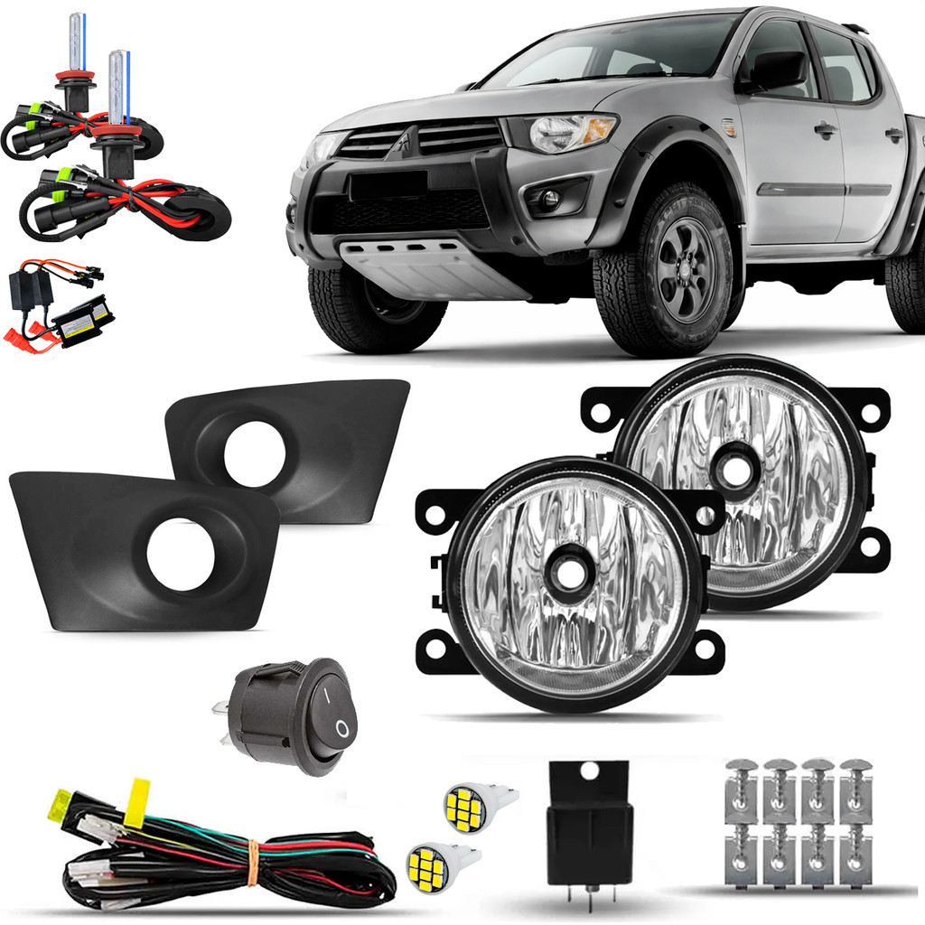 Kit Farol Milha Neblina Auxiliar Farolete Cibie Completo Triton L200 2010 2011 2012 Moldura Preta Com Xenon H8 8000K
