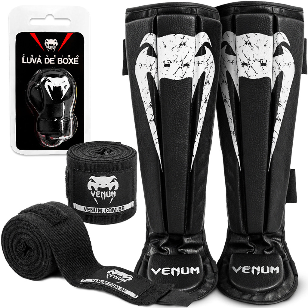 Kit - 1x VENUM PAR CANELEIRA ANATÔMICA PRETA + 1x VENUM BANDAGEM DE 4m COR PRETA + 1x CHAVEIRO