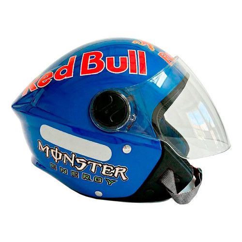 Capacete Aberto Moto Liberty New Three Personalizado Monster Red Bull Com Viseira Cristal