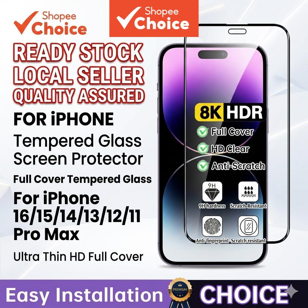 Protetor de Tela de Vidro Temperado HD Ultra Fino Cobertura Total para iPhone 16 15 14 13 12 11 Pro Max
