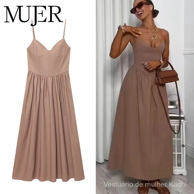 Vestido midi plissado feminino, vestidos longos sexy sem costas para mulheres, vestido de praia de verão, vestidos de fe