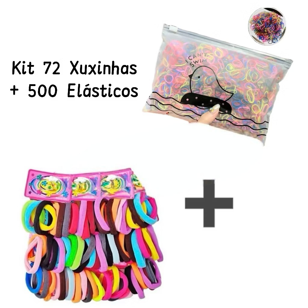 Kit 72 Xuxinhas+500 Elásticos De Cabelo Multicolorido Preto