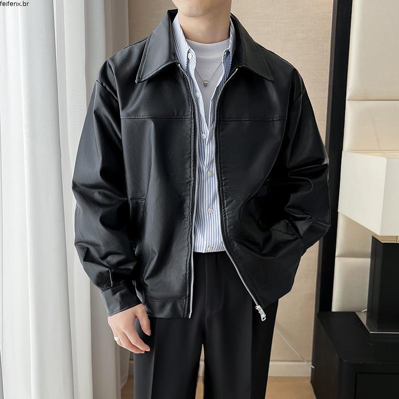 Jaqueta de couro pu americana masculina, roupa de rua, lapela curta, Casual, primavera, outono, zíper duplo, jaqueta de