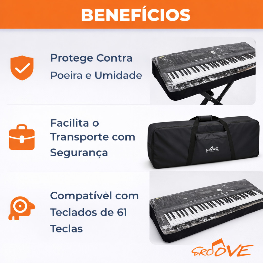 Detalhes do Kit Bag Teclado 61 Teclas Nylon + Capa Transparente Bolso Frontal Alças Reforçadas