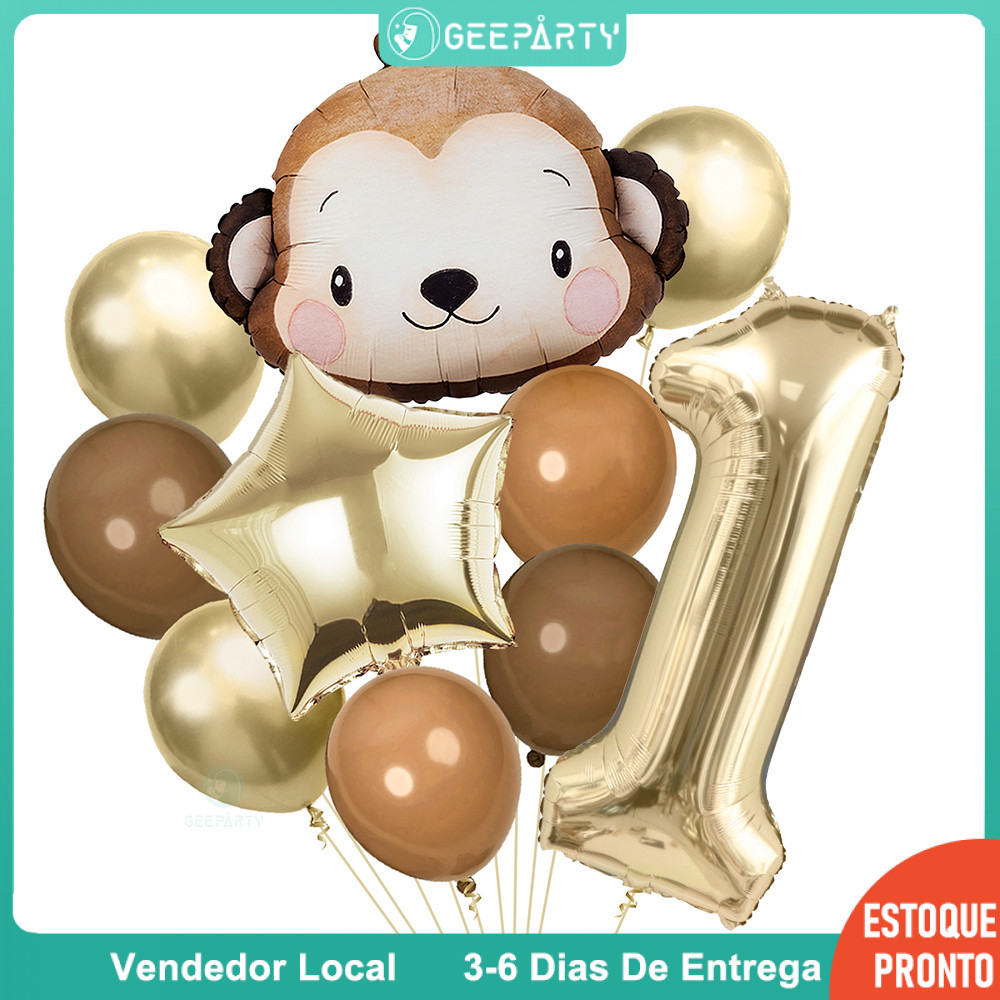 GeeParty 11pcs Gaint Monkey Foil Balão Conjunto Branco Ouro Marrom Para Decorações De Festa De Aniversário Safari