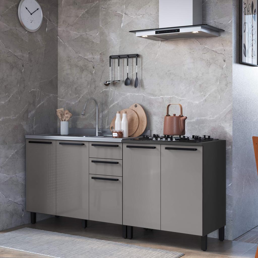Kit 2 Balcões Modulados Gabinete Pia 120cm e Cooktop 80cm Mônaco Sem Tampo Chumbo/Titânio