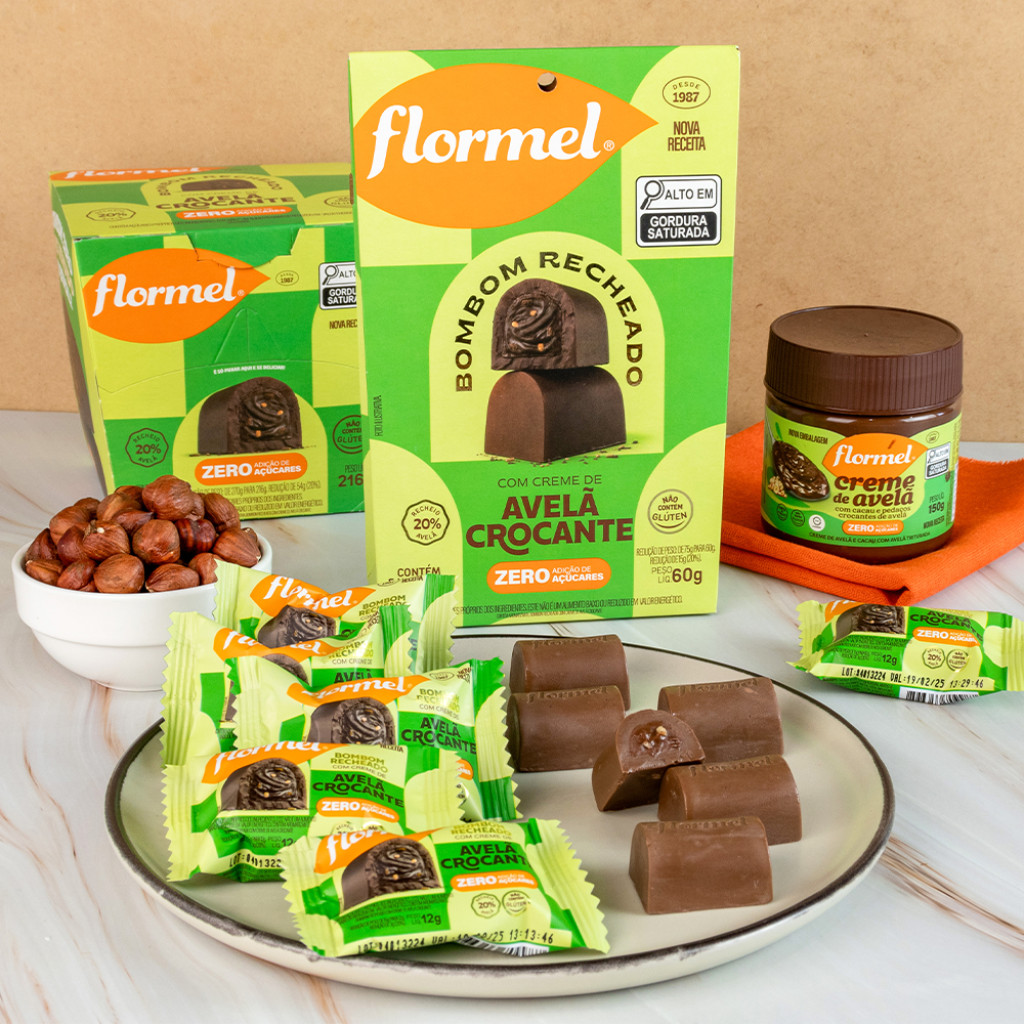 Bombom Zero Açucar Chocolate Creme De Avelã Crocante Sem Gluten Doce Cacau Flormel 60g Sobremesa Fit