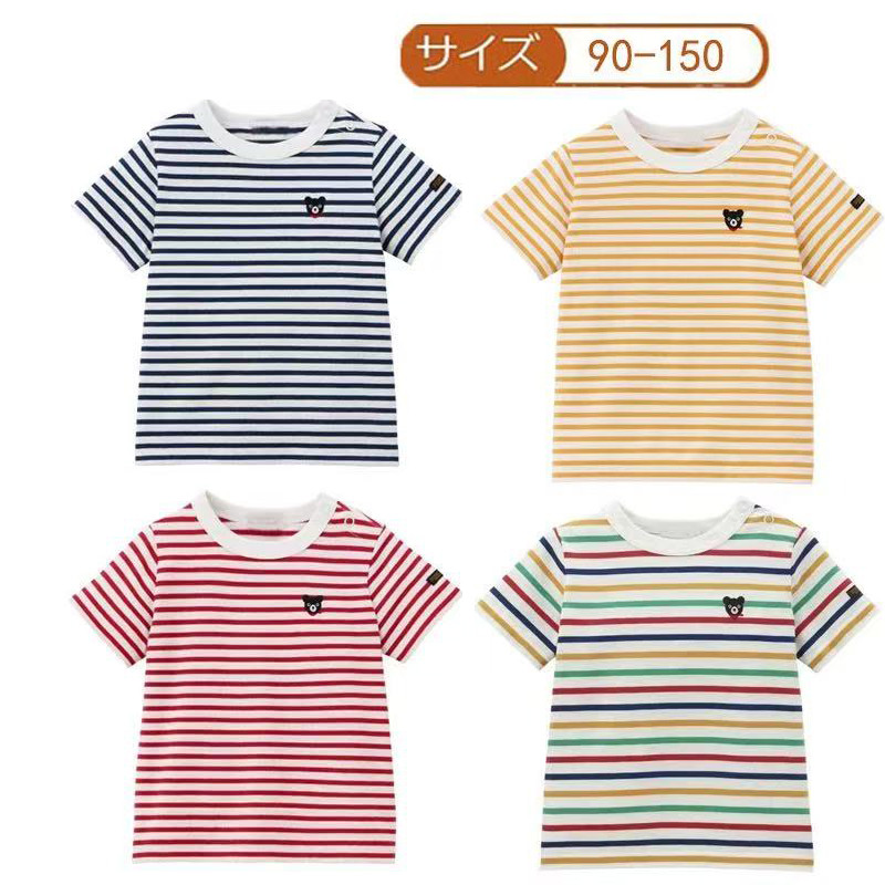 Camiseta infantil de manga curta de verão, algodão puro, listrado, elástico, macio, listrado, meia manga, meninos, menin