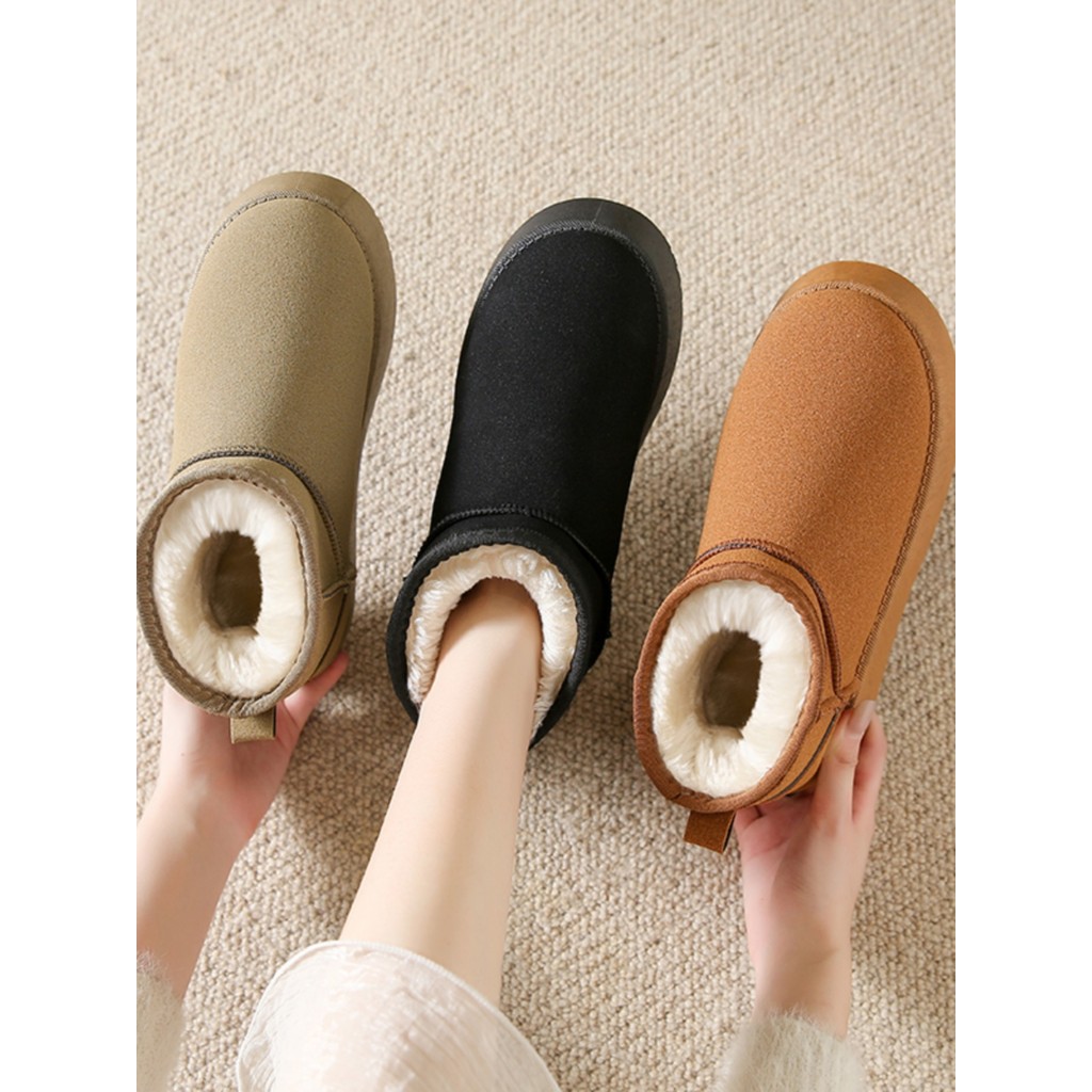 Botas de neve pretas forro de lã feminino engrossado 2025 novo estilo plataforma de sola grossa moda botas curtas de cou