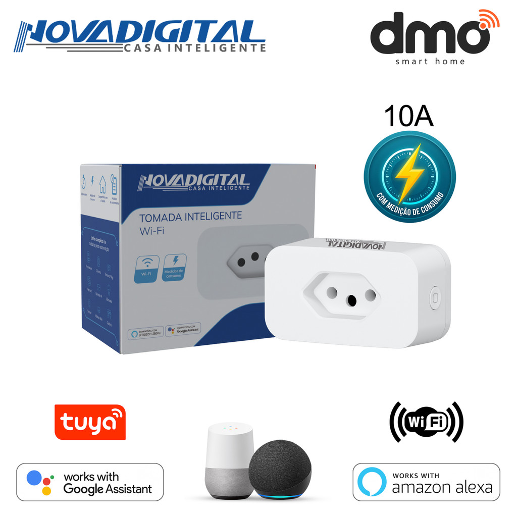Tomada Inteligente Wifi Sobrepor Medidor Energia 10A Tuya Alexa NOVADIGITAL PLUG-BR Google Automação