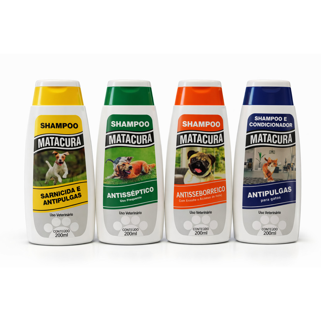 Kit Shampoo Pet Matacura 200ML Cachorro Gato Antipulgas Antisséptico Higiene Premium Promoção