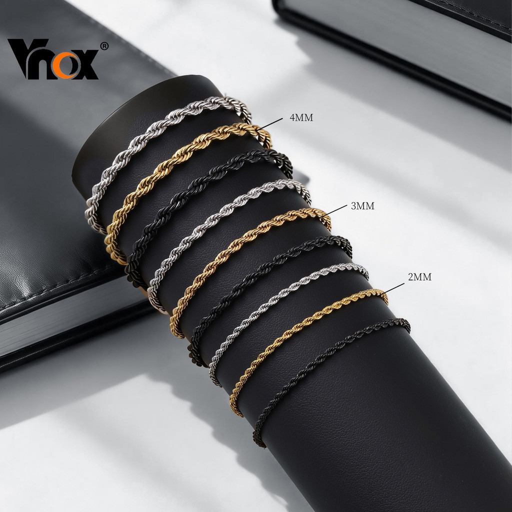 Pulseira De Corrente De Corda Torcida De Aço Inoxidável Vnox Unissex Ouro Prata Preto Minimalista Empilhável Joia Presen