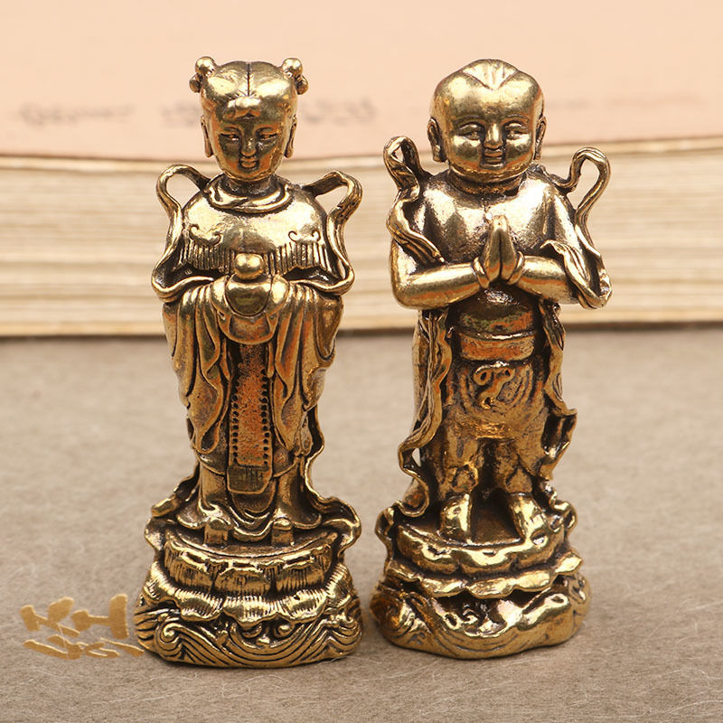 Metal latão dourado menino dragão menino casa sala de estar mesa adoração pequena estátua de bronze metal latão dourado