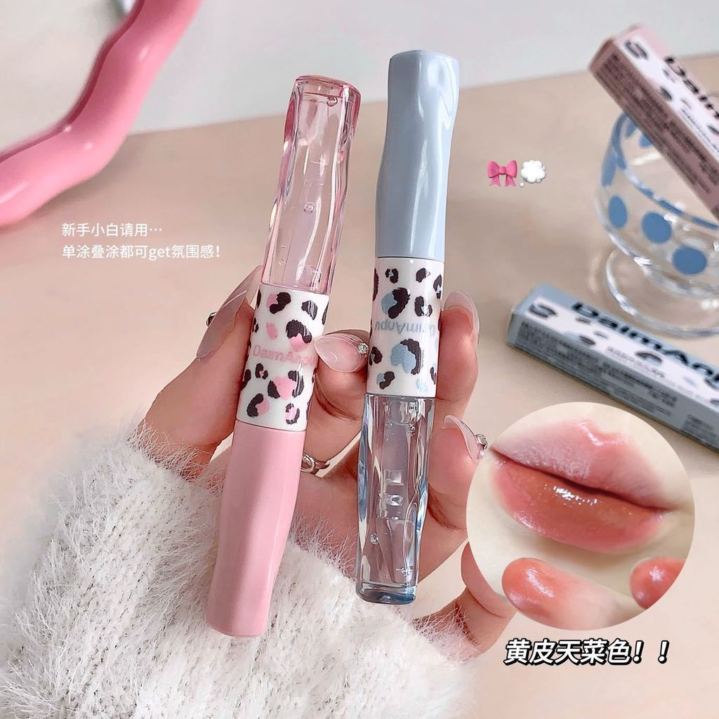 DAIMANPU Clássico Leopardo Impressão Dupla Cabeça Lip Glaze Hold Maquiagem Matte Lip Mud Batom Brilho de Água Espelho Pr