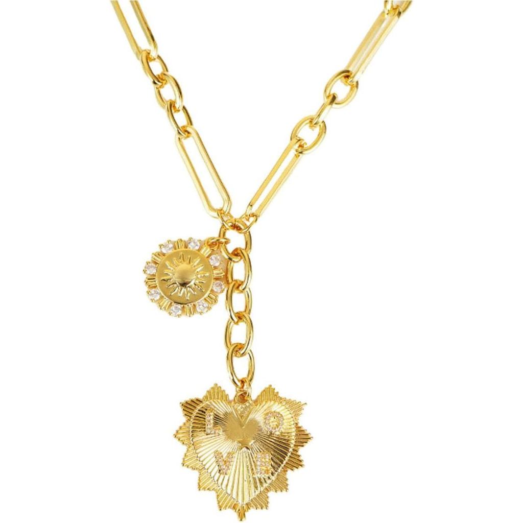 Colar de Ouro Grosso para Mulheres, Colar com Pingente de Sol em Ouro 18K, Colar Choker em Forma de Coração, Joias de Am