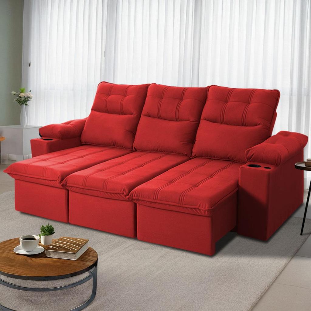 Sofá Retrátil Reclinável Verona USB + Porta Copo 2,30m Suede Velut Vermelho c/ Molas no Assento - King House