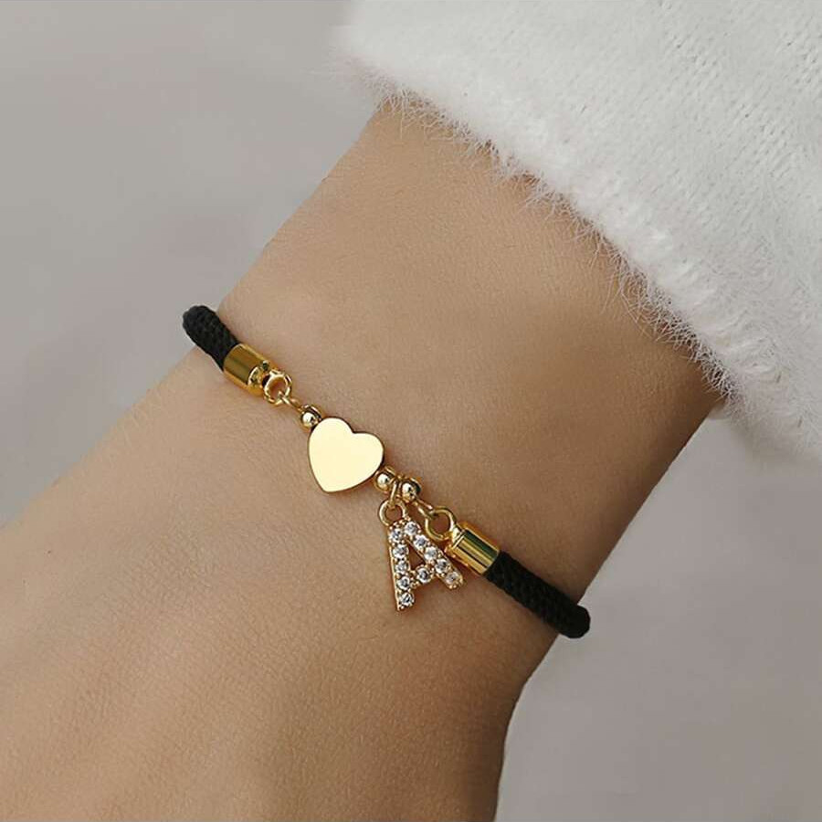 1pc Trendy Pave Cubic A-Z Carta Inicial Coração Ajustável Pulseira De Corda Mulheres