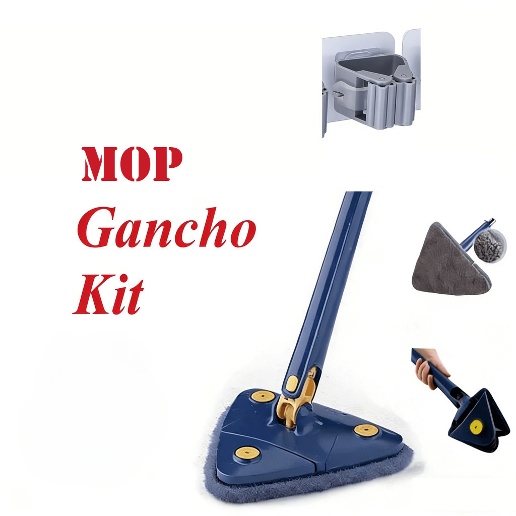 Comb-Esfregão Triangular 360° Giratório + Gancho para Vassouras + Refil Extra | Mop de Limpeza Residencial Ajustável