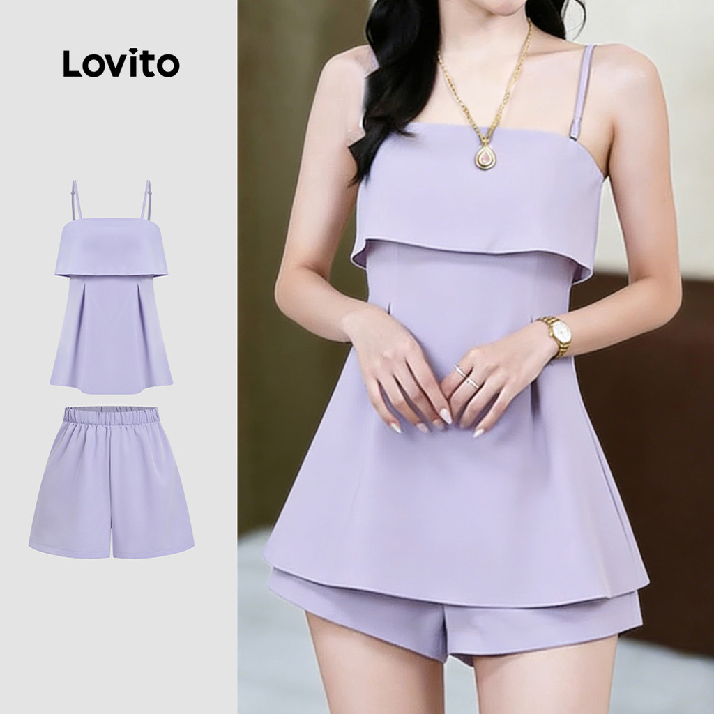 Lovito Conjuntos Elegantes de Shorts Plissados Roxo de Primavera/verão para Mulheres LK4ED815 em Oferta na Shopee