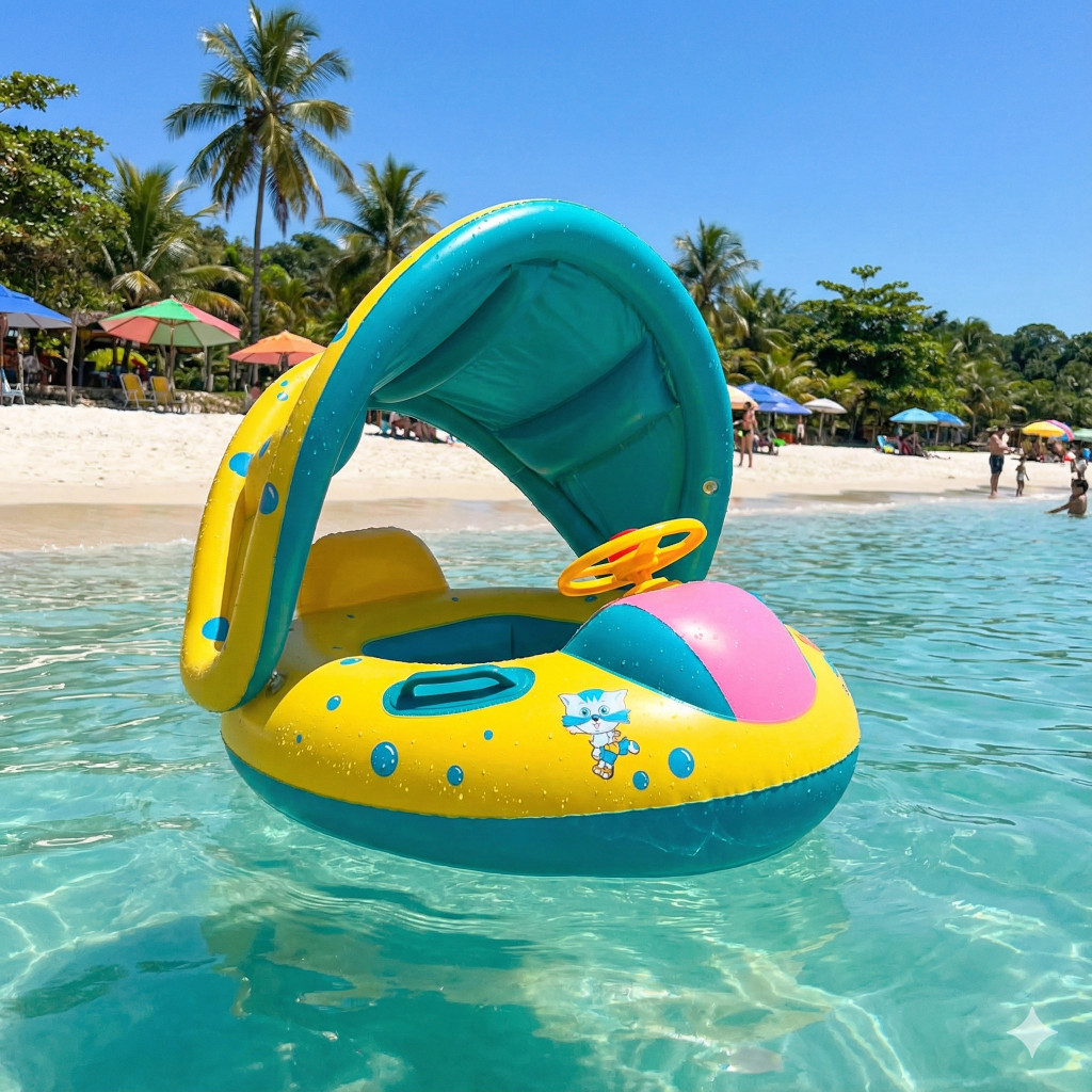 Boia Inflável para Bebês Infantil Resistente com Proteção Solar para Crianças Praia Piscina Bote com Buzina