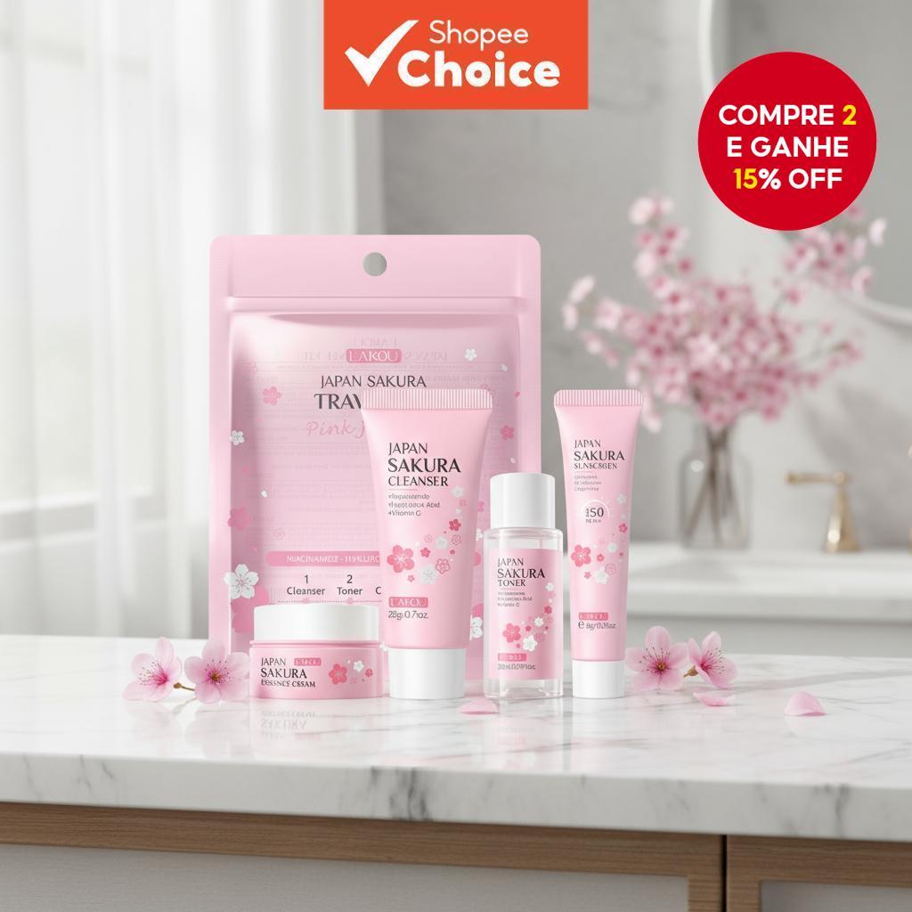  LAIKOU Japão Sakura Pacote de Cuidados com a Pele Viagem Correção de Tom e Hidratação 4 Itens