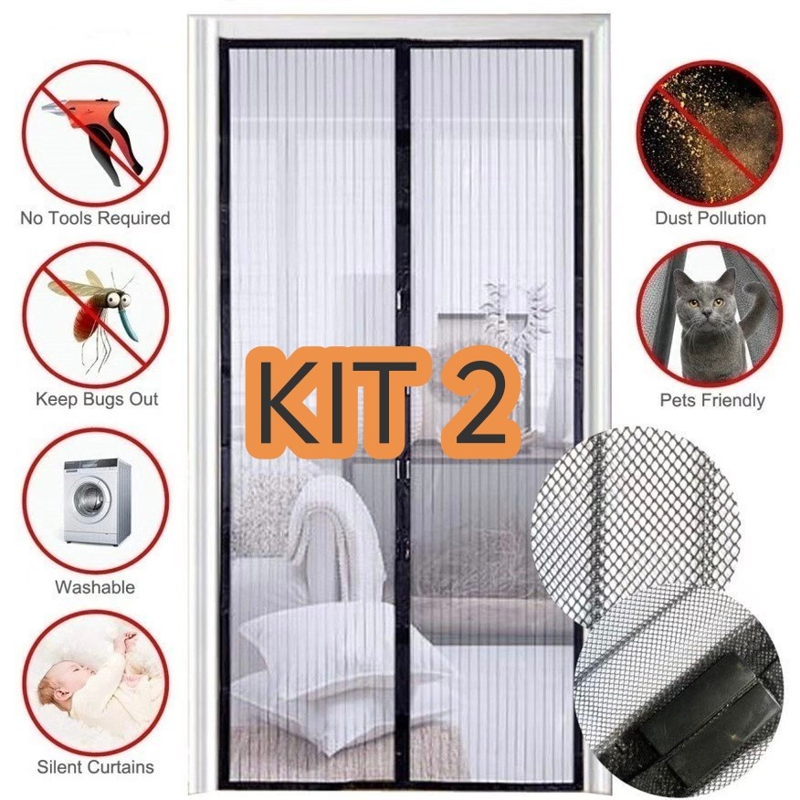 kit 2 Cortina Tela Mosquiteiro de Porta Com Fecho Magnética Contra Zika Dengue 210x100