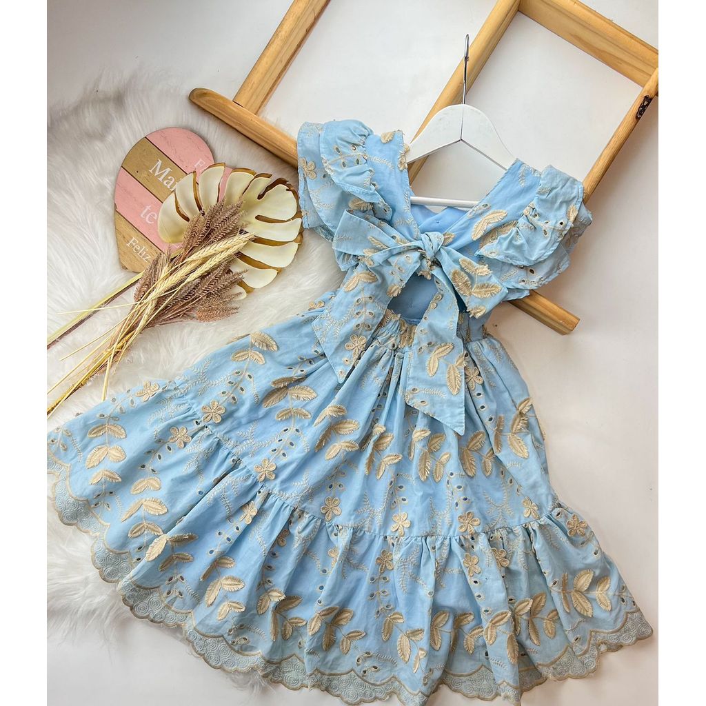 Vestido infantil de algodão bordado azul bebê com laço nas costas para festa casamento e formatura luxo estilo princesa