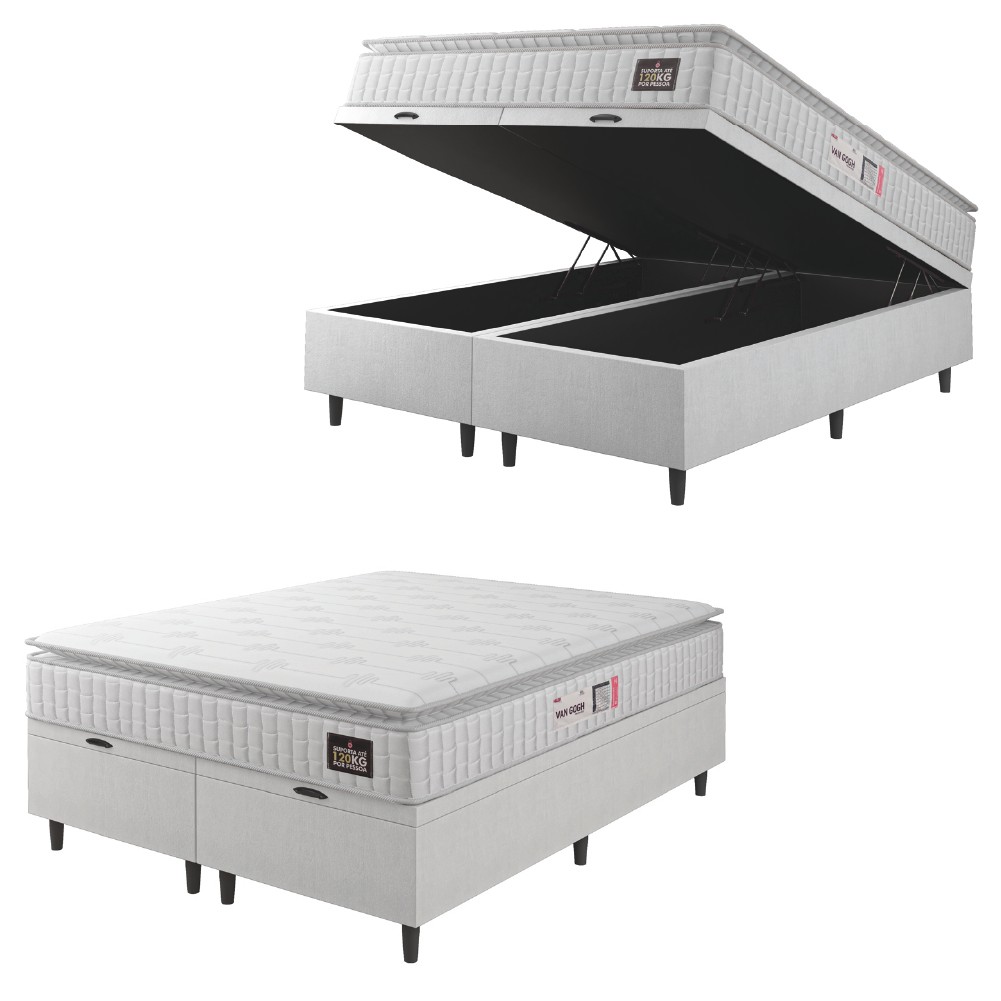 Cama Box Baú Casal Queen Colchão Espuma D33 Pillow Top Van Gogh 158x198x70cm Branco Linho Hellen em Oferta na Shopee