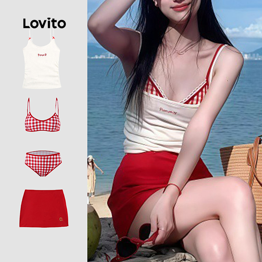 Lovito Conjuntos de Biquíni Sexy 4 Conjuntos de Biquíni Vermelho para Mulheres Primavera/Verão LNE126X016 em Oferta na Shopee
