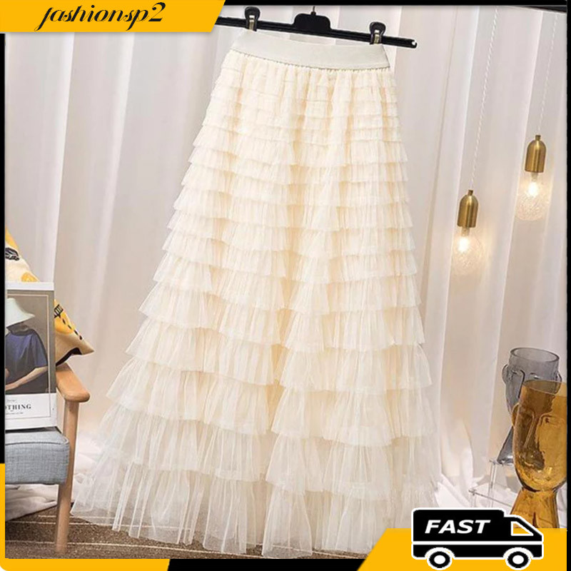 Saia de Tule Moda Feminina Comprida Elegante e Elastica Saia de Babado de Camadas /saias evangélicas em Oferta na Shopee