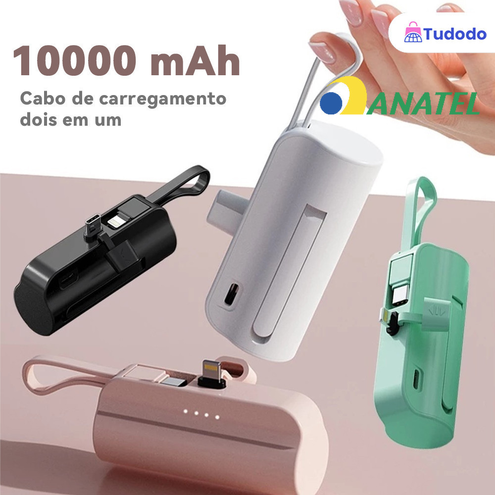 Bateria Externa 10000mAh Compacta com Carregador Sem Fio | Dupla Entrada (iPhone/Tipo-C)