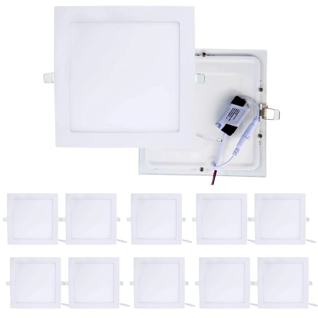 Kit 10 Luminária Plafon Led 12W Quadrado Embutir Alumínio 16.5x16.50cm Frio Bivolt 110v-220v